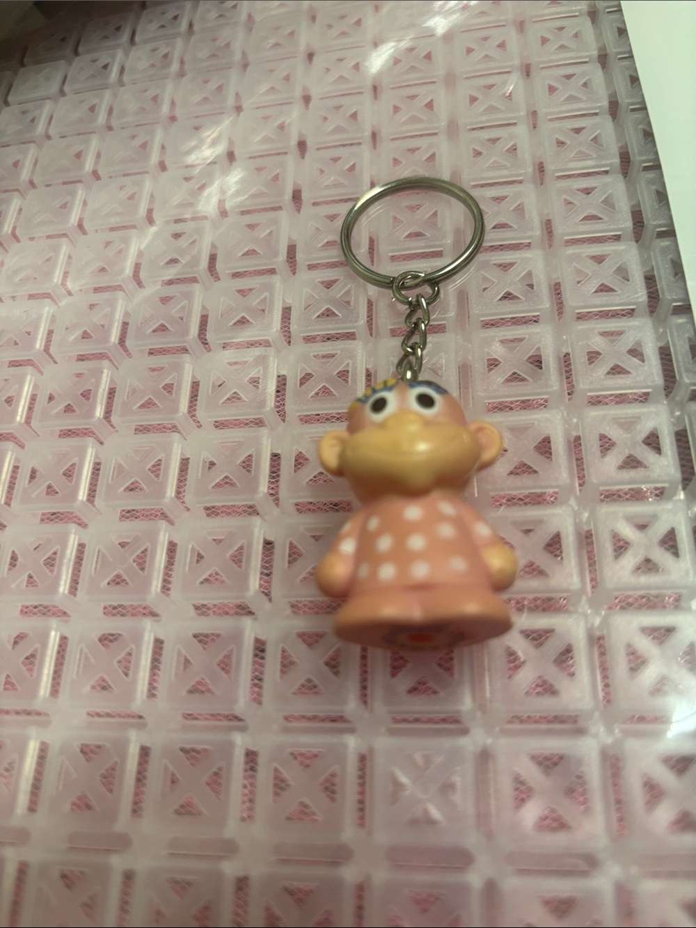 Cute Vintage 1980’s Star Awards Pink Polka Dot monkey Character Keychain.